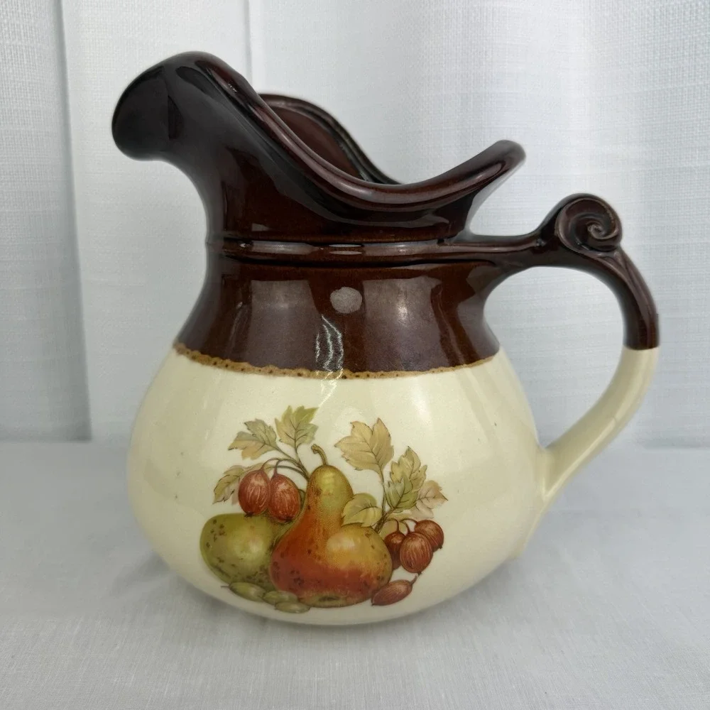 McCOY USA Pottery Pitcher Vintage 1960's Grapes Fruit Pear Nuts 7515 Brown Fall